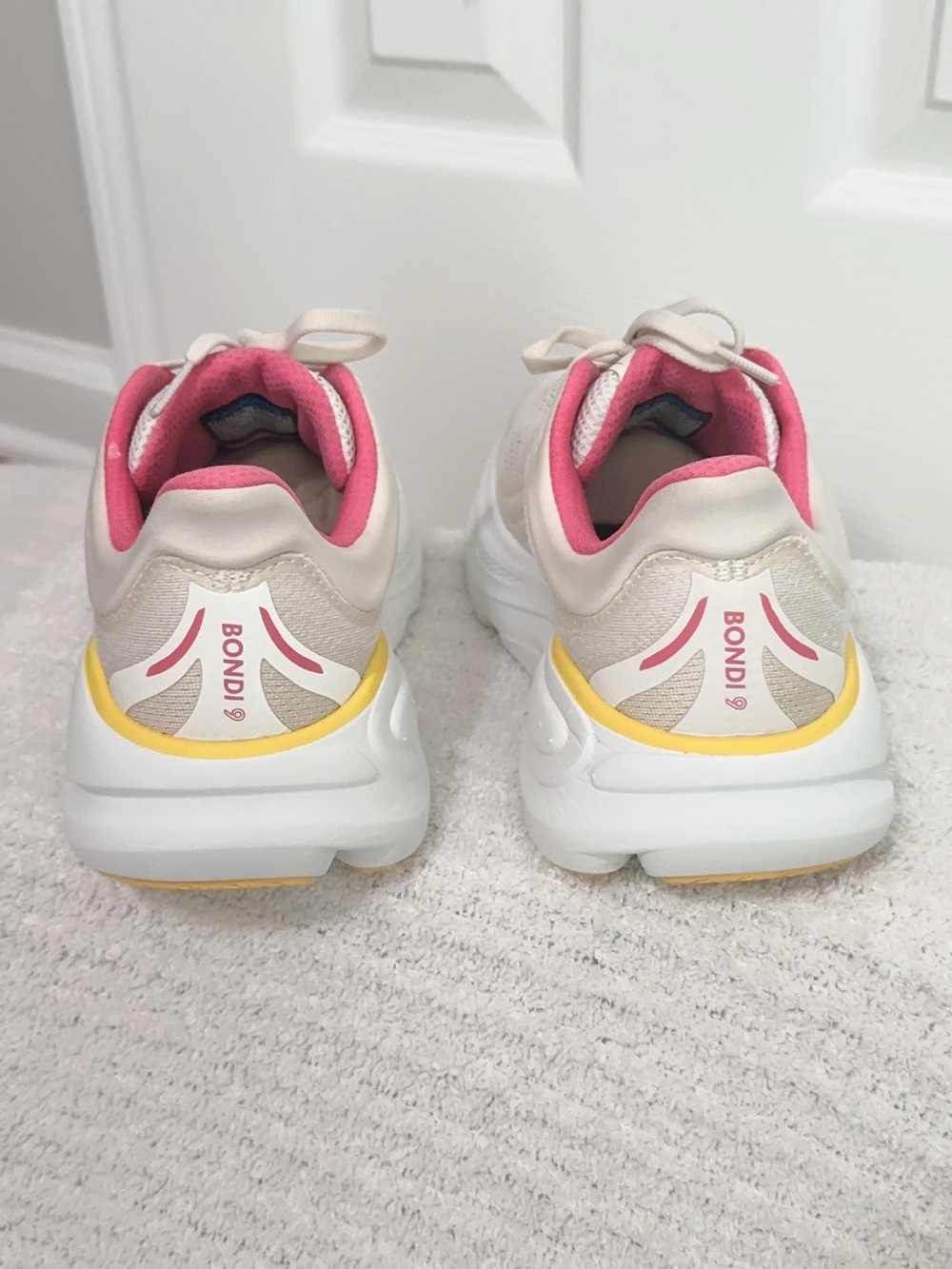 Hoka Women's Bondi 9 Running Shoes — Cream with Pink, Yellow & Teal Accents - Picture 9 of 16
